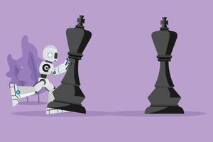 Cartoon flat style drawing robot pushes big king chess pieces to defeat opponent king. Strategic movement. Robotic artificial intelligence. Technology industry. Graphic draw design vector illustration