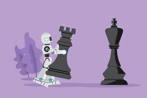 Graphic flat design drawing robot holding rook chess piece to beat king chess. Strategic movement game plan. Future technology development. Artificial intelligence. Cartoon style vector illustration