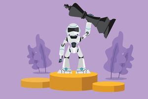 Character flat drawing robot holding and lifting king chess piece at first champions stage. Win game. Humanoid robot cybernetic organism. Future robotic development. Cartoon design vector illustration