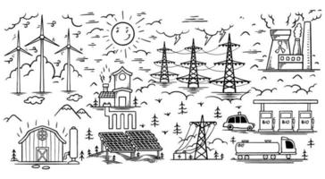 Hand drawn ecology doodle icon set of renewable energy vector