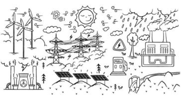 Hand drawn ecology doodle icon set of renewable energy vector