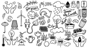 conjunto de iconos de garabatos ecológicos dibujados a mano de salvar la tierra sobre fondo blanco. vector