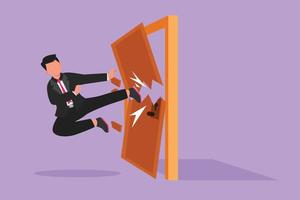 Character flat drawing of young businessman kicks the door with flying kick until door shattered. Man kicking locked door. Business metaphor of overcoming obstacles. Cartoon design vector illustration