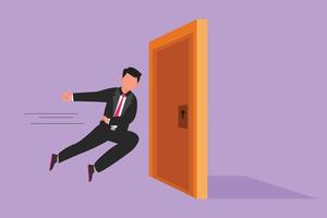 Cartoon flat style drawing young businessman running and want to break down the door. Business struggle metaphor. Strength worker for success. Opening closed doors. Graphic design vector illustration