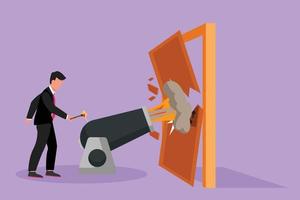 Graphic flat design drawing of businessman ignites cannon in front of door and destroying door. Eliminating barrier of entries, destroying obstacles with brute force. Cartoon style vector illustration