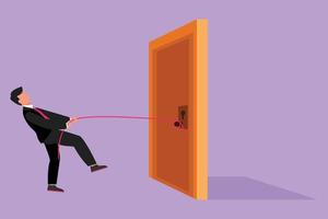 Graphic flat design drawing young businessman pulling door with rope, metaphor to facing big problem. Business struggles in market competition. Strength for success. Cartoon style vector illustration