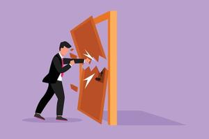 Cartoon flat style drawing businessman punching and destroying door. Depicts eliminating barrier of entries, overcome challenges, destroy obstacles with power force. Graphic design vector illustration