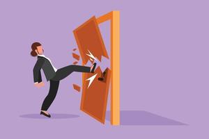 Character flat drawing of young businesswoman kicks the door until door shattered. Manager kicking locked door and destroy. Business concept of overcoming obstacles. Cartoon design vector illustration