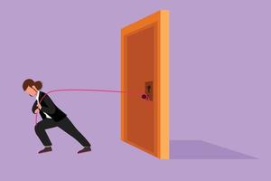 Cartoon flat style drawing businesswoman trying hard to pulling heavy door frame with rope. Metaphor to facing big problem. Business struggles. Strength for success. Graphic design vector illustration