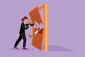 Graphic flat design drawing businesswoman punching and destroying door. Depicts eliminate barrier of entries, overcome challenges, destroy obstacles with power force. Cartoon style vector illustration