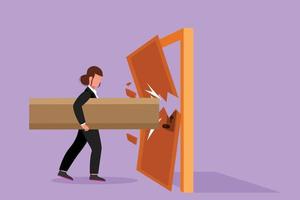 Graphic flat design drawing young businesswoman holding large log and destroying door. Overcome business challenges, destroying obstacles with power and brute force. Cartoon style vector illustration