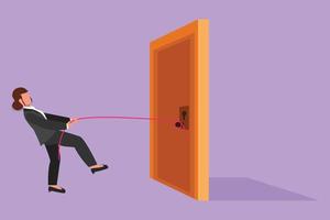 Graphic flat design drawing of businesswoman pulling door with rope, metaphor to facing huge problem. Business struggles in market competition. Strength for success. Cartoon style vector illustration