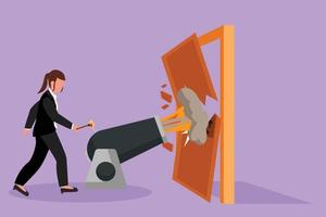 Graphic flat design drawing businesswoman ignites cannon in front of door and destroying door. Eliminating barrier of entries, destroying obstacles with brute force. Cartoon style vector illustration