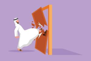 Character flat drawing young Arabian businessman kicks the door until door shattered. Man kicking locked door and destroy. Business concept of overcoming obstacles. Cartoon design vector illustration