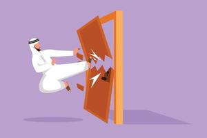 Graphic flat design drawing Arab businessman kicks the door with flying kick until door shattered. Man kicking locked door. Business metaphor of overcoming obstacles. Cartoon style vector illustration