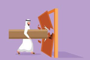 Cartoon flat style drawing Arab businessman holding large log and destroying door. Overcome business challenges, and destroying obstacles with power and brute force. Graphic design vector illustration