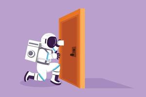 Cartoon flat drawing astronaut eavesdropping at the door in moon surface. Curious spaceman listening conversation in front of the door. Cosmic galaxy space concept. Graphic design vector illustration