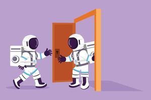 Character flat drawing young astronaut at the door welcomes his friend in in moon surface. Spaceman inviting his friend to his house. Cosmonaut outer space concept. Cartoon design vector illustration