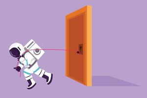 Graphic flat design drawing young astronaut trying hard to pulling heavy door frame with rope in moon surface. Metaphor facing problem. Cosmonaut deep space concept. Cartoon style vector illustration