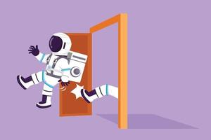 Cartoon flat style drawing young astronaut get kicked out of door in moon surface. Dismissed from job. Boss kicks unnecessary employee. Cosmic galaxy space concept. Graphic design vector illustration