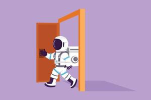 Character flat drawing young astronaut walking through an open door frame in moon surface. Entering new market challenge competition. Cosmonaut outer space concept. Cartoon design vector illustration