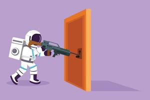 Character flat drawing of young astronaut pointing shotgun at doorknob in moon surface. The power to succeed or winning competition. Cosmonaut outer space concept. Cartoon design vector illustration