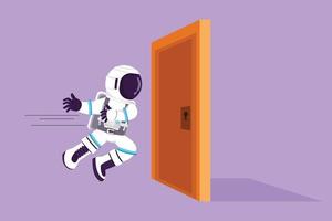 Cartoon flat style drawing young astronaut running and want to break down door in moon surface. Strength spaceman for success of duty. Cosmic galaxy space concept. Graphic design vector illustration