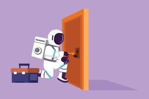 Graphic flat design drawing astronaut prying doorknob with screwdriver in moon surface. Spaceman repair broken handle door knob with tool box. Cosmonaut deep space. Cartoon style vector illustration