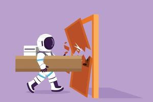 Character flat drawing young astronaut holding large log and destroying door in moon surface. Destroying obstacles with power and brute force. Cosmonaut outer space. Cartoon design vector illustration