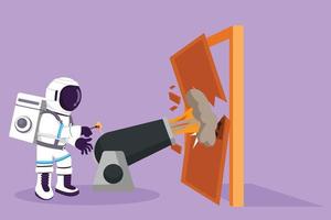 Cartoon flat style drawing astronaut ignites cannon in front of door, destroying door in moon surface. Eliminating barrier of entries. Cosmic galaxy space concept. Graphic design vector illustration