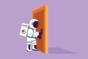 Graphic flat design drawing young astronaut holding a door knob. Entering room in moon surface. Spaceman holding door knob to open door. Cosmonaut deep space concept. Cartoon style vector illustration