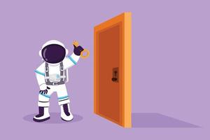 Cartoon flat style drawing young astronaut lifting key in front of door in moon surface. Spaceman holding key to open office room door. Cosmic galaxy space concept. Graphic design vector illustration