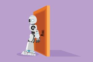 Graphic flat design drawing robot pushing door with his back. Business concept of overcoming obstacles. Future technology development. Robot artificial intelligence. Cartoon style vector illustration