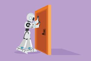 Character flat drawing of robot pushes closed door. Strength tech for success. Opening closed doors. Humanoid robot cybernetic organism. Future robotic development. Cartoon design vector illustration
