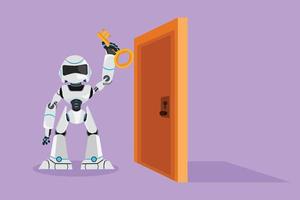 Graphic flat design drawing robot lifting key in front of door. Cyborg holding key to open factory room door. Future technology development. Artificial intelligence. Cartoon style vector illustration