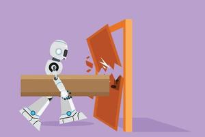 Cartoon flat style drawing robot holding large log and destroying door. Destroying big obstacles with power and brute force. Modern robotic artificial intelligence. Graphic design vector illustration