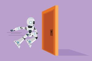 Cartoon flat style drawing robot running and want to break down the door. Business struggle metaphor. Modern robotic artificial intelligence. Electronic technology. Graphic design vector illustration