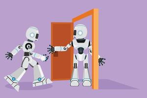 Character flat drawing robot at the door welcomes his friend in, inviting his friend to get into his factory. Hospitality or friendship. Robot cybernetic organism. Cartoon design vector illustration