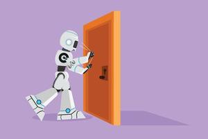 Graphic flat design drawing of robot knocking at door. Cyborg standing at entrance of factory knocking door. Future technology development. Artificial intelligence. Cartoon style vector illustration