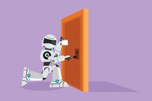 Cartoon flat style drawing robot eavesdropping at the door, listening to conversation in front of closed door. Robotic artificial intelligence. Technology industry. Graphic design vector illustration