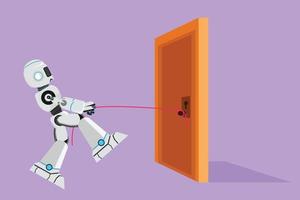 Cartoon flat style drawing of robot pulling door with rope, metaphor to facing big problem. Modern robotic artificial intelligence. Electronic technology industry. Graphic design vector illustration