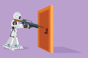 Character flat drawing robot pointing shotgun at doorknob. Business breakthrough struggle metaphor. Humanoid robot cybernetic organism. Future robotic development. Cartoon design vector illustration