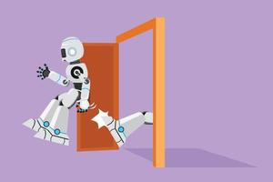 Graphic flat design drawing robot get kicked out of door. Dismissed from job. Boss kicks unnecessary cyborg. Future technology development. Artificial intelligence. Cartoon style vector illustration