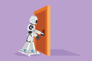 Character flat drawing robot holding door knob. Entering working room in office or factory building. Humanoid robot cybernetic organism. Future robotic development. Cartoon design vector illustration