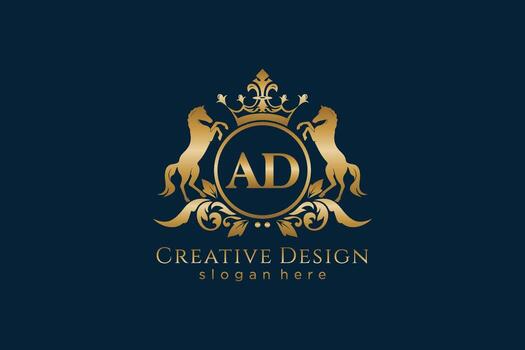initial AD Retro golden crest with circle and two horses, badge template with scrolls and royal crown - perfect for luxurious branding projects vector