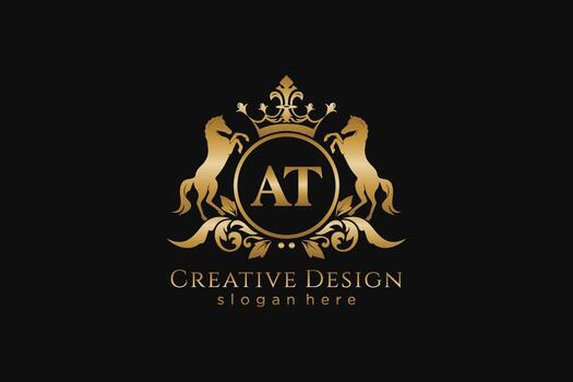 initial AT Retro golden crest with circle and two horses, badge template with scrolls and royal crown - perfect for luxurious branding projects vector