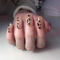 manicura francesa en mangos gruesos de mujer con diseño de leopardo. foto