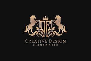 initial DF Retro golden crest with shield and two horses, badge template with scrolls and royal crown - perfect for luxurious branding projects vector