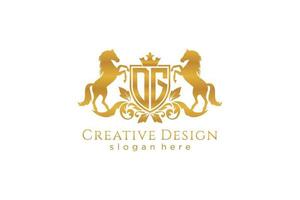 initial DG Retro golden crest with shield and two horses, badge template with scrolls and royal crown - perfect for luxurious branding projects vector