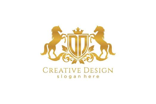 initial DN Retro golden crest with shield and two horses, badge template with scrolls and royal crown - perfect for luxurious branding projects vector